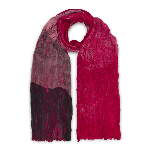 A bright pink pleated scarf against a white background. The scarf is rolled up to mimic the shape when worn around the neck.